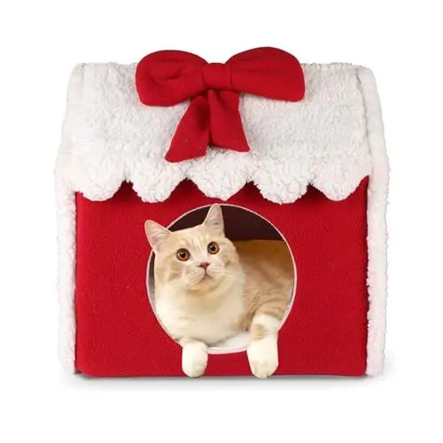 Produktbild: Souarts Weihnachten Flauschig Katzenhöhle Katzenbett Geschenkbox, Kuschelhöhle Katzen Kätzchen Hund Kaninchen Schlafsack Katzenzelt, Weihnachten Katzenschlafplatz für Drinnen