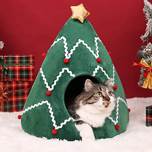 Produktbild: Souarts Weihnachtsbaum Katzenhöhle Katzenbett Flauschig, Kuschelhöhle Katzen Kätzchen Hund Kaninchen Schlafsack Katzenzelt, Weihnachten Katzenschlafplatz für Drinnen