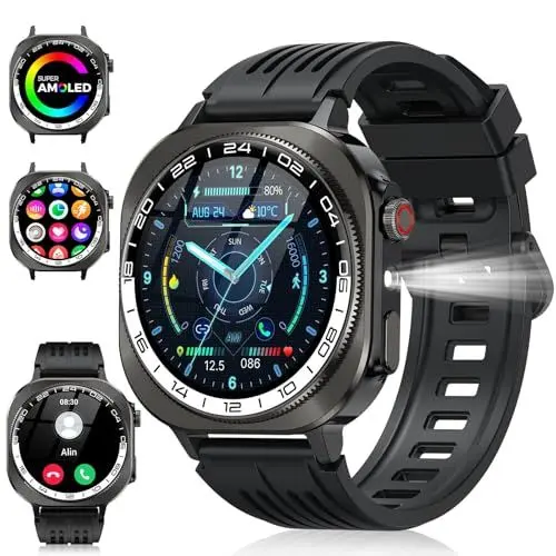 Produktbild: Soudorv Militär Smartwatch Herren Damen, 2025 Neu AMOLED Smart Watch mit Telefonfunktion, 1.43″ Fitnessuhr mit LED Taschenlampe/130+ Sportmodi/Herzfrequenz, IP68 Wasserdicht Sportuhr für iOS Android