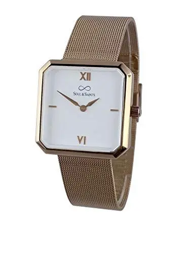 Produktbild: Soul & Saints Premium Damenuhr Edelstahl Elegante Armbanduhr quadratisch rechteckig Damen Uhr eckig mesh Armband Edelstahl Swiss Uhrwerk Saphire Glas Kratzfest 3m 3ATM Wasserfest - Mary (rosé Gold)