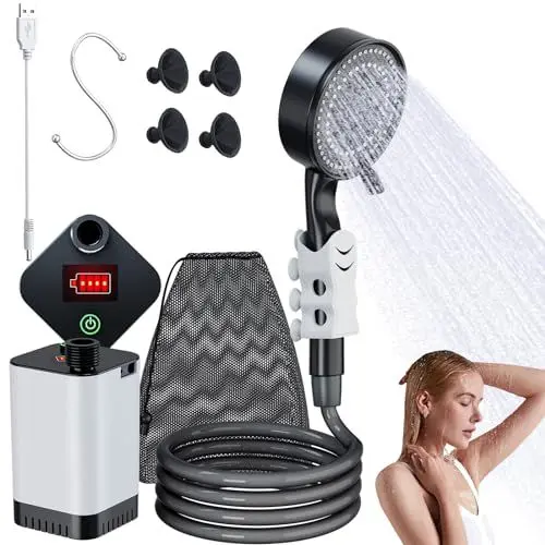 Produktbild: SoulBay Campingdusche Akku mit Pumpe, 12V Camping Dusche Outdoor Set mit 5200-mAH-Akku und Festem Design, Außenduschkopf für Reisedusche, Haustierreinigung, Autowaschen, Gartenbewässerung