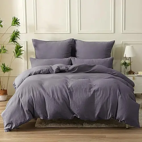 Produktbild: SOULFUL Doppelte Musselin Bettwäsche 135x200 4 Teilig Baumwolle, Bettwäsche-Sets 2er Set Bettbezug mit 2 Kissenbezüge 80x80 cm, ÖKO-TEX Bettwäsche Dunkelviolett mit Reißverschluss