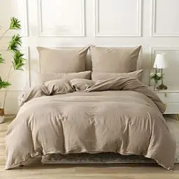 Produktbild: SOULFUL Doppelte Musselin Bettwäsche 200x200 Baumwolle, Bettwäsche-Sets 1er Set Bettbezug mit 2 Kissenbezüge 80x80 cm, ÖKO-TEX Bettwäsche Beige mit Reißverschluss