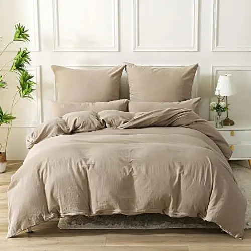 Produktbild: SOULFUL Doppelte Musselin Bettwäsche 200x200 Baumwolle, Bettwäsche-Sets 1er Set Bettbezug mit 2 Kissenbezüge 80x80 cm, ÖKO-TEX Bettwäsche Beige mit Reißverschluss