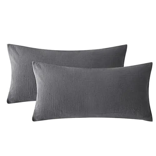Produktbild: SOULFUL Doppelte Musselin Kissenbezug 40x80 Baumwolle, Kissenbezüge 2 Teilig mit Reißverschluss, ÖkoTex Zertifiziert, Dunkelgrau