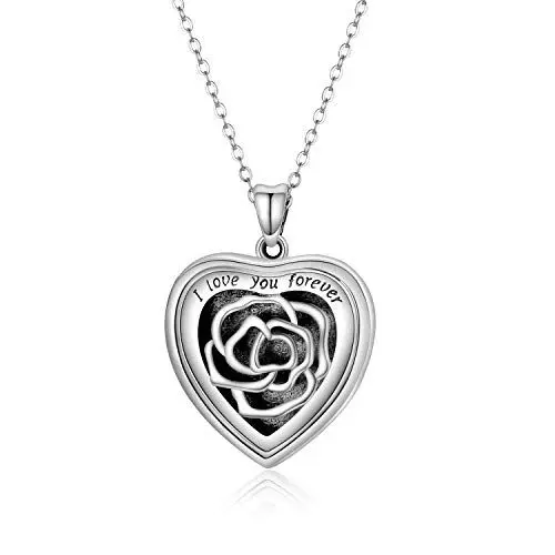 Produktbild: SOULMEET Silber Herz geformte Medaillon Halskette Rose Anhänger Schmuck Blumen Medaillon Ich liebe dich für immer Geschenk für Frauen