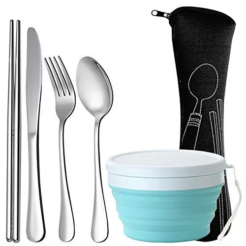 Produktbild: SourceTon 5-teiliges Besteckset, Messer, Gabel, Löffel, Essstäbchen und Silikon-Faltschüssel oder Camping-Picknick auf Reisen