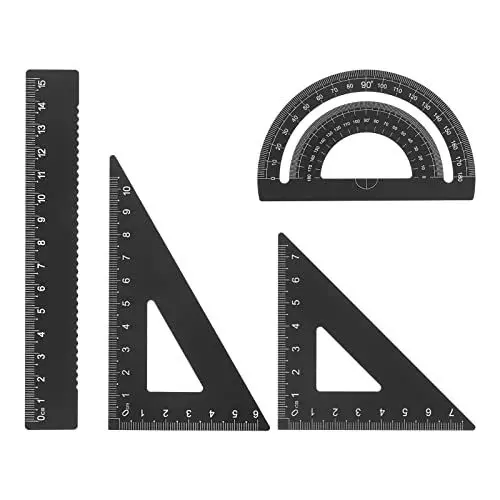 Produktbild: sourcing map 4Stk Geometrie Set 15cm Metrische Maßnahme Lasergravur Aluminum Lineal Metall Lineal Set Dreieck Winkelmesser Lineal Werkzeug Set für Klassenzimmer Büro Hause Schwarz