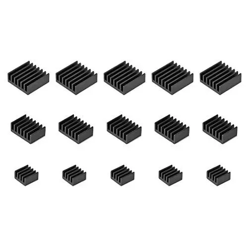 Produktbild: sourcing map Parallel Form Kerbe Aluminium Kühlkörper mit Leitfähig Klebepad für RPI, 14x14x6mm, 14x10x6mm, 9x9x5mm, 5 Satz Gesamt 15stk. Schwarz