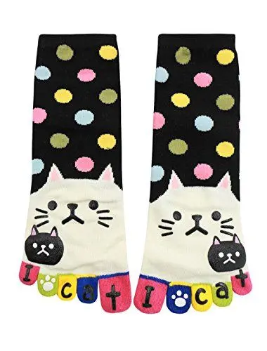 Produktbild: sourcingmap Damen Punkte Letter Cat Aufdruck Dehnbar Knöchellang Zehensocken - Damen, Schwarz, One Size: Regular