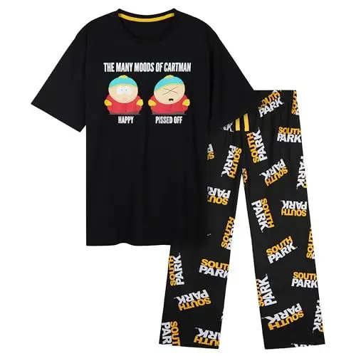 Produktbild: South Park Herren Schlafanzug, weiches & atmungsaktives Pyjama Set für Männer (Schwarz/Gelb, L)
