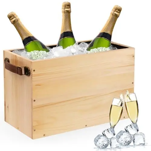 Produktbild: Southagte 20L Sektkühler Holz, XXL Getränkekühler mit Leder Griff, Großer Eiskübel Wasserdicht, Eiseimer für Garten-Party, Wein Bier Champagner Kühler, Eiswürfelbehälter 40 * 20 * 25cm