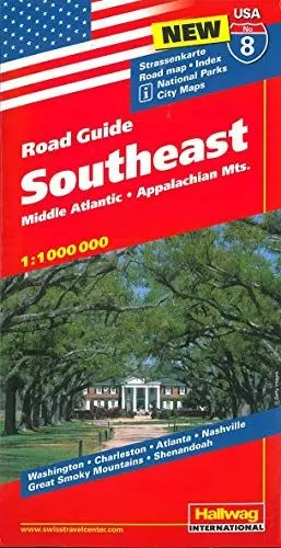 Produktbild: Southeast, Middle Atlanitic, Appalachian Mts. 1:1 Mio., Road Guide Nr. 8: Washington, Charleston, Atlanta, Nashville, Great Smoky Mountains, Shenandoah (Hallwag Strassenkarten, Band 8)