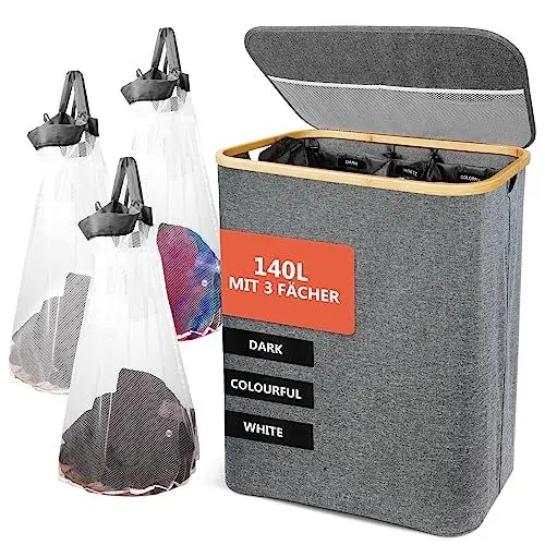 Produktbild: SOUTHGATE 145L Wäschekorb 3 Fächer mit Deckel, Faltbare Wäschesammler mit herausnehmbaren Wäschesack, XXL Wäschesortierer, Laundry Basket 3 Compartments, Wäschebox, Wäschetonne, Wasserdicht, Grau