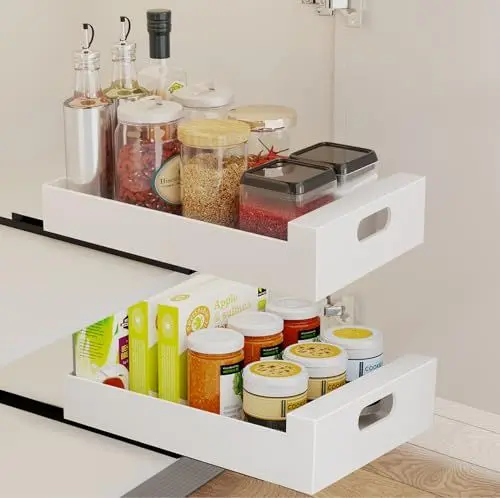 Produktbild: SOUTHGATE Ausziehbare Schublade Küche mit Griff, Teleskopschublade (Kein Bohren und Nageln Erforderlich), Ausziehbarer Schrank Organizer, Schubladen Weiß, 30 cm B x 43 cm T x 8 cm H
