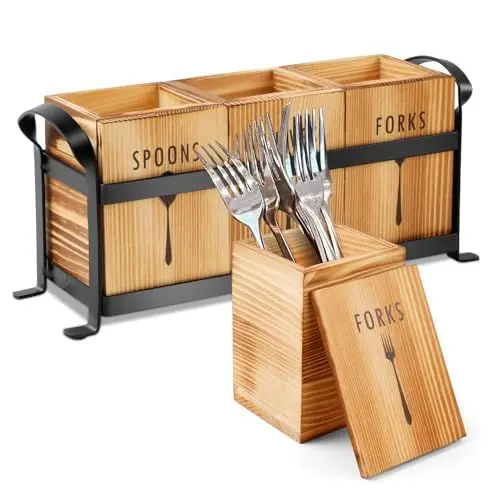 Produktbild: SOUTHGATE Küchenutensilienhalter mit 3 Fächern, Holz Besteckhalter mit Metallablage, Utensilienhalter für die Arbeitsfläche, Besteck Organizer für küche aufbewahrung & organisation, Cutlery Holder