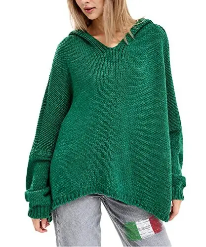 Produktbild: SOVENTUS FASHION Damen Strickpullover Oversize grobmaschig Pullover Damen Strick Oversize kurz Pulli Herbst Winter elegant V Ausschnitt Wolle, mit oder ohne Kapuze, Made in Italy grün