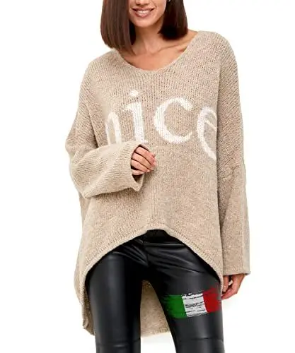 Produktbild: SOVENTUS FASHION Strickpullover Oversize lang grobmaschig Pullover Damen Strick V-Ausschnitt Herbst Winter Grobstrickpullover Pulli Damen, Made in Italy beige