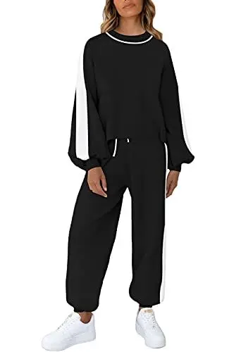 Produktbild: Sovoyontee Damen Jogginganzug Loungewear 2-Teiliges Lounge Set Sweatsuit Strickpullover Langarm Trainingsanzug Schwarz S