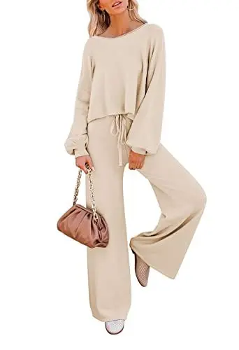 Produktbild: Sovoyontee Damen Langarm Kurz Top Sweatsuit Loungewear Weitem Hose Strick Pullover Trainingsanzug 2-Teiliges Set Beige M