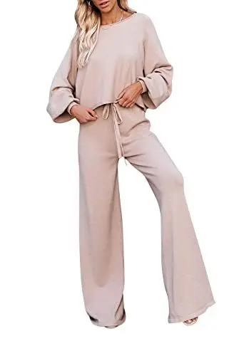 Produktbild: Sovoyontee Damen Langarm Kurz Top Sweatsuit Trainingsanzug Strick Pullover Loungewear Weitem Hose 2-Teiliges Set Aprikose L