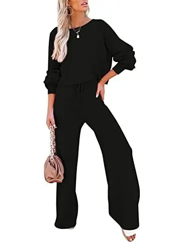 Produktbild: Sovoyontee Damen Langarm Kurz Top Sweatsuit Trainingsanzug Strick Pullover Loungewear Weitem Hose 2-Teiliges Set Schwarz S