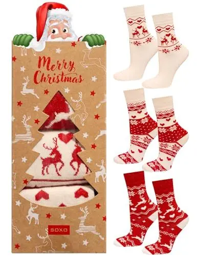 Produktbild: soxo Weihnachts Socken für Damen Geschenk Socke in Geschenkbox Weihnachten 35–40 Beige 3 Paar