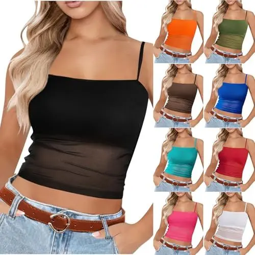Produktbild: Spaghetti Top Damen Schwarz Elegant Tops für Damen Sommer Trägertop Durchsichtiges Crop Tops Spaghettiträger Camisole Unterhemden Einfarbig Sommertop Ärmellos Tanktop Damentops