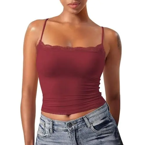 Produktbild: Spaghetti Top Damen Schwarz mit Spitze, Tank Top Damen Y2K Sommertop Spaghettiträger Trägertop Enges Blusentop Unterhemd Rückenfreie Oberteile Camisole Sommer Tops Teenager Mädchen