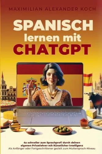 Produktbild: Spanisch lernen mit ChatGPT: 4x schneller zum Sprachprofi durch deinen eigenen Privatlehrer mit Künstlicher Intelligenz | Als Anfänger oder Fortgeschrittener gezielt zum Muttersprach-Niveau