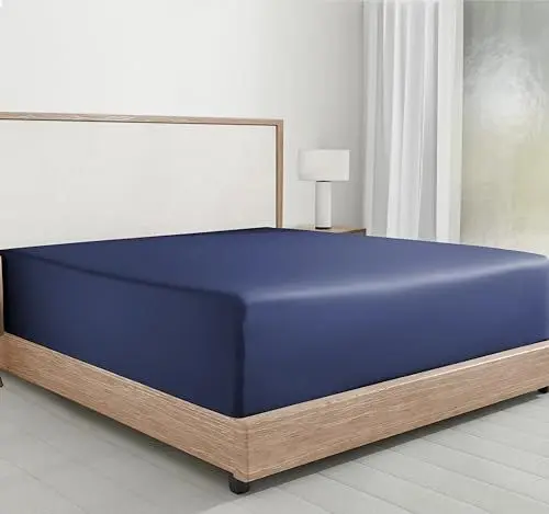Produktbild: Spannbettlaken Baumwolle 100x200 cm Blau, weiches, Hotelqualität Spannbetttuch mit tiefen Taschen und Kopf- und Fußanhängern von California Design Den