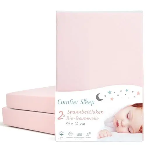 Produktbild: Spannbettlaken Beistellbett aus 100% komplett natürlicher Bio-Baumwolle Spannbettlaken 50x90 in Rosa Farbe 2er-Set Ultraweich und Bequem für Ihr Baby passend für die Meisten Beistellbett