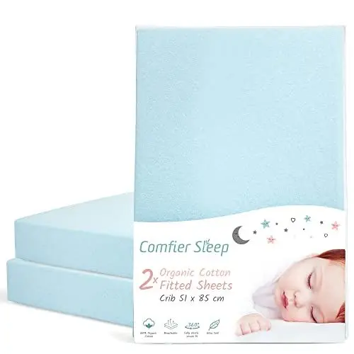 Produktbild: Spannbettlaken Beistellbett aus 100% komplett natürlicher Bio-Baumwolle Spannbettlaken 51x85 in Blau Farbe 2er-Set Ultraweich und Bequem für Ihr Baby passend für die Meisten Beistellbett