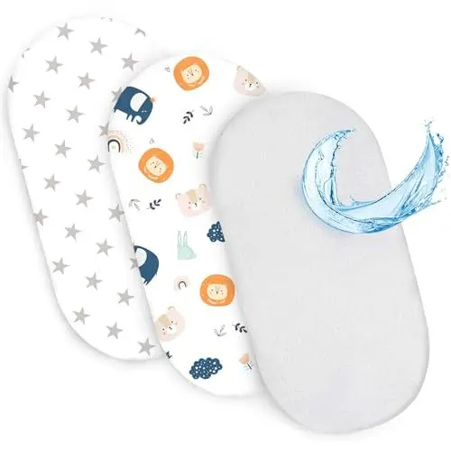 Produktbild: Spannbettlaken Kinderwagen Baby Spannbetttücher 3er Set: 75 x 35 cm - 2X Bettlaken + 1x wasserdichter Matratzenschoner - Babybett Zubehör für Kinderbett Beistellbett Stubenwagen