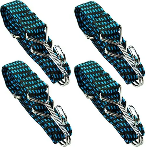 Produktbild: Spanngummi mit Haken, 4er-Set Extra Stark - Spanngurte, Gepäckspanner, Expander, Expanderseil, Gummiseil, Ideal zum Fahrrad Motorrad Autotransporter Camping, 100cm lang Blau