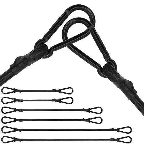 Produktbild: Spanngummi mit Karabiner, Expander mit Karabinerhaken 6er Set, Gepäckspanner schwarz in 3 Größen, 20cm, 40cm, 60cm, Extra Stark Gummispanner für Sonnensegel, Planen, Garten, Fahrrad, Auto, Ladung