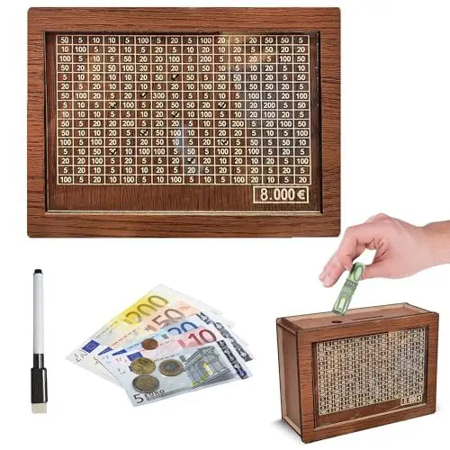 Produktbild: mohigher Sparbox, Spardose mit Zähler, Spardose Aus Holz, Sparbox mit Zahlen ankreuzen mit Sparziel, Sparbox mit Stift Hilft Kindern und Erwachsenen Die Gewohnheit Zum Sparen (8000€)