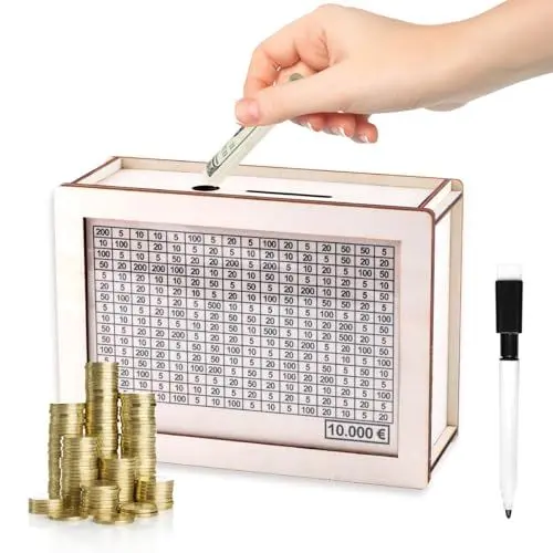 Produktbild: Sparbox mit Zahlen Ankreuzen, Retro Spardose Holz, Wiederverwendbare Spar Box mit Sparziel, Holz Geldbank für Erwachsene und Kinder mit Sparziel(10000€)