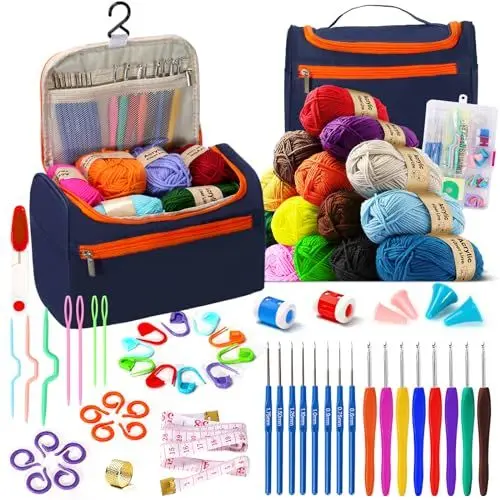 Produktbild: Spardar 63 pcs Häkelset, Strickset für Anfänger mit Häkelgarn, Häkelnadeln, Häkelzubehör und tragbarer Aufbewahrungstasche, ideal für Erwachsene, Senioren und Kinder(MarineBlau)