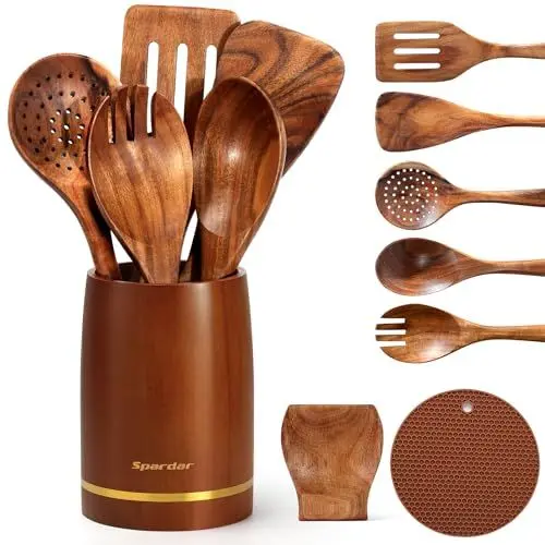 Produktbild: Spardar Küchenutensilien aus Holz, 9 pcs Holzlöffel-Set, mit 6 Kochlöffeln aus Teakholz, Löffelablage, 3.3 in Utensilienhalter, als Küchendekoration und Einweihungsgeschenk