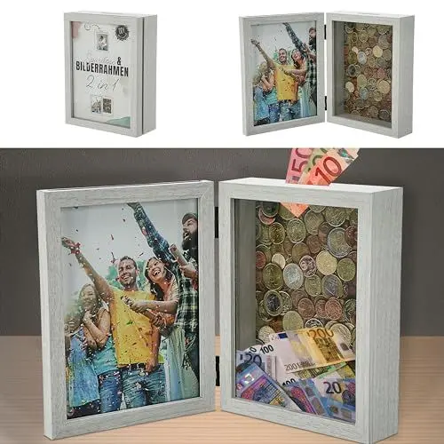 Produktbild: Spardose Bilderrahmen 2 in 1 | weiß MDF 19x14,5x5,5cm | Rahmen mit Münzschlitz zum Aufklappen für Geldgeschenke