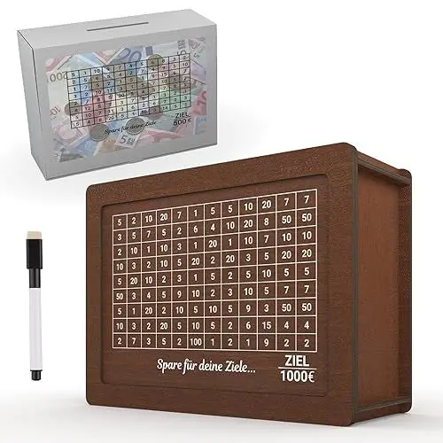 Produktbild: Spardose aus Holz mit Sparziel - Wiederverwendbare Sparbox für Erwachsene & Kinder - Sparschwein mit Folienstift (1000€/2000€/3000€/5000€/8000€) kakeibo Technik