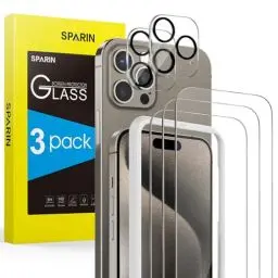 Produktbild: SPARIN Hartglas für iPhone 15 Pro 6,1 Zoll, mit 3 Displayschutzfolien und 2 Rückseitenschutz, Schutzglas mit Werkzeug zur einfachen Ausrichtung, kompatibel mit Schutzhülle