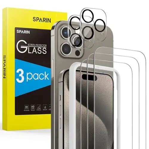 Produktbild: SPARIN Hartglas für iPhone 15 Pro 6,1 Zoll, mit 3 Displayschutzfolien und 2 Rückseitenschutz, Schutzglas mit Werkzeug zur einfachen Ausrichtung, kompatibel mit Schutzhülle