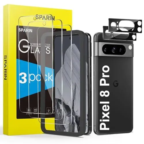 Produktbild: SPARIN für Google Pixel 8 Pro Panzer Schutz Glas, 3 Displayschutzfolie und 2 Kamera Schutzfolie, 9H Härte, Kompatibel mit Temperatursensoren