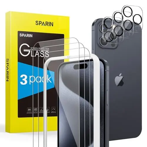 Produktbild: SPARIN für iPhone 15 Pro Max Panzer Schutz Glas, 3+3 Stück Schutzfolie und Kameraschutz mit Rahmen Installationshilfe, 9H Härte Folie, HD Displayschutz