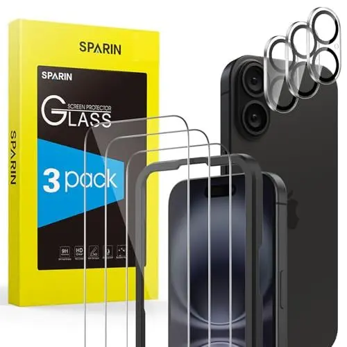 Produktbild: SPARIN für iPhone 16 Panzer Schutz Glas, 3+3 Stück Schutzfolie und Kameraschutz mit Positionierhilfe, Anti- Kratzer, Bläschenfrei, 9H Härte, HD-Klar