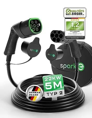 Produktbild: SPARK-E Typ 2 Ladekabel 22kW 5M für EV Elektroautos inkl. Tasche - Ladekabel E Auto - 32A3P Elektroauto - Mode 3 - Wallbox