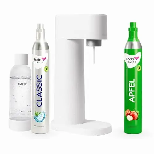 Produktbild: Sparpaket: Mysoda Woody - Wassersprudler aus erneuerbarem Holzkomposit mit 1L BPA-freier Plastikflasche, CO2-Zylinder Classic + CO2-Zylinder Apfel (Weiß)