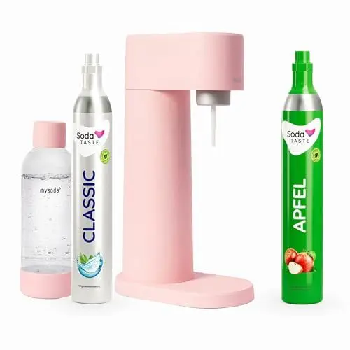 Produktbild: Sparpaket: Mysoda Woody - Wassersprudler aus erneuerbarem Holzkomposit mit 1L BPA-freier Plastikflasche, CO2-Zylinder Classic + CO2-Zylinder Apfel (Rosa)